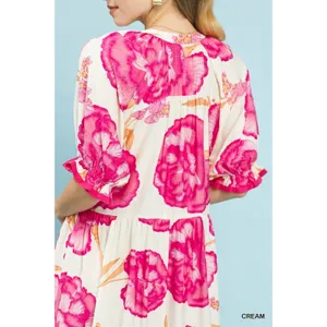 Umgee Floral Print Midi Dress with Contrast Trim - Cream - Small thumbnail 5