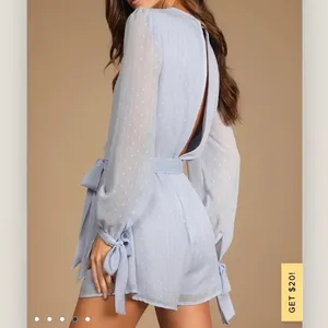 NWT Lulus Closer Look Light Blue Swiss Dot Tie-Sleeve Split Back Romper LARGE‎ thumbnail 5