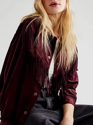 Free People Western Fringe Faux Suede Cosmic Karma Jacket In Wine Size Large thumbnail 14