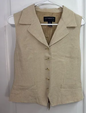 Vintage Liz Claiborne Collections beige gingham plaid collar button formal vest‎ thumbnail 1