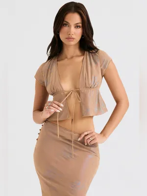 House of CB Maia Shimmer Cafe Au Lait Tie Front Top XS thumbnail 3