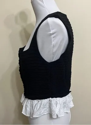 ZARA Black and White Lace Ruffle Crop Button Down Knit Crochet Tank Top Size L thumbnail 2