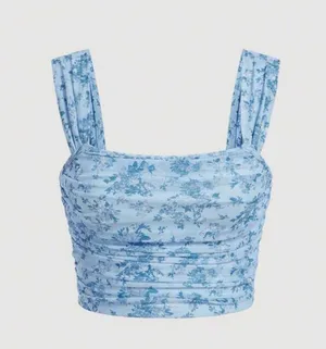 SHEIN Floral Print Ruched Wide Strap Top, Blue, Size M, NWOT thumbnail 1