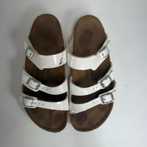 Birkenstock Birki's 39 L8 Sandals Florida Birko-Flor White Patent Triple Strap Slide Germany thumbnail 7
