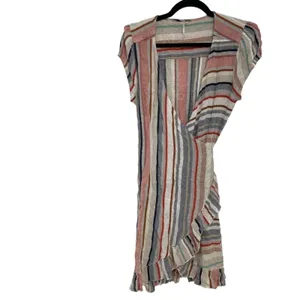 Free People Blue & Pink Vertical Striped Short Sleeve Wrap Dress Womens L Mini thumbnail 2