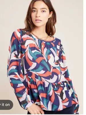 Maeve Anthropologie‎ Cheyenne Blouse Peplum Geometric Brick Navy thumbnail 1