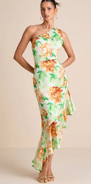 Lulus Divinely Blooming White Multi Floral One‎ Shoulder Midi Dress Small thumbnail 1