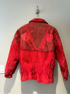 Vintage CHIA Red 100% Leather Patchwork Plaid Western Jacket Bomber Size Medium thumbnail 9
