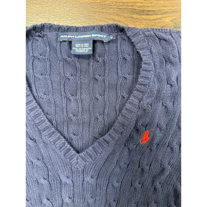 Ralph Lauren Sport Cable Knit V-Neck Sweater Navy Blue Red Pony Women's M thumbnail 2