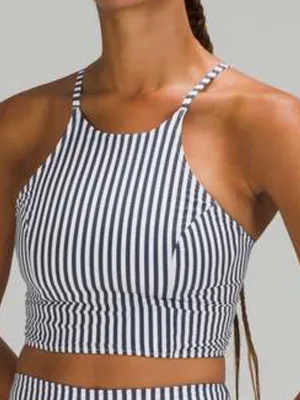 Lululemon Seersucker High-Neck Long-Line Swim Womens Navy Top Sz Small thumbnail 2