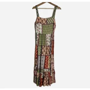 Anthropologie ATL The Label Dress Gypsiana ruffle ladies M Pink Boho Patchwork Maxi Rayon thumbnail 3