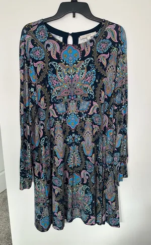 Loft Paisley Dress Size XL Blue Pink Long Sleeve Keyhole thumbnail 1