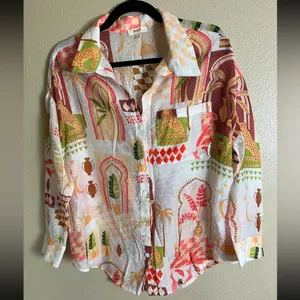 Peach Vibrant pink yellow casual button up lightweight‎ size large thumbnail 2