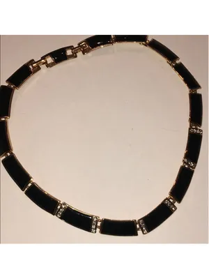 Elegant Vintage Black Enamel and Gold Tone Rhinestone Retro Necklace thumbnail 2