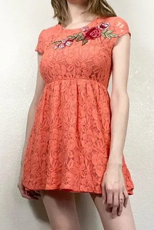 Anthro Orange Floral Embroidered Lace Mini A Line Dress thumbnail 1