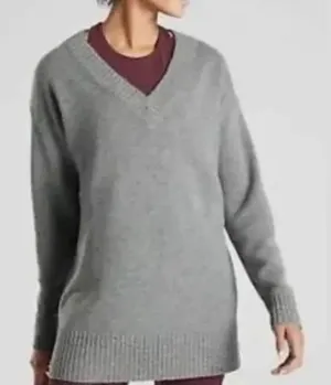Athleta cashmere wool blend v-neck tunic length heathered gray sweater thumbnail 1