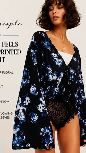 Free People‎ Black and Blue Floral Tie-Front Bodysuit thumbnail 1
