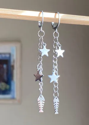 fish bone & star fully stainless steel unique funky dangle earrings🌀🐟💙⭐️ thumbnail 1