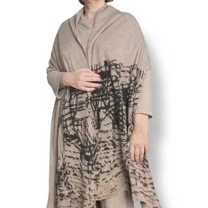 Neutral Taupe Beige Abstract Art Knit Shawl Wrap Poncho Scarf Lightweight‎ Layer thumbnail 11