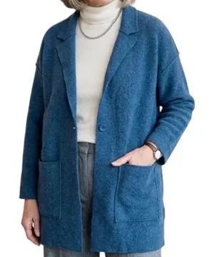 Eileen Fisher | Merino Wool Blend Teal Blue Notched Lapel Cardigan Blazer, S thumbnail 1