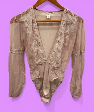 Cute sexy pink blush lace mesh bodysuit deep v-neck Victoria’s Secret festival thumbnail 1