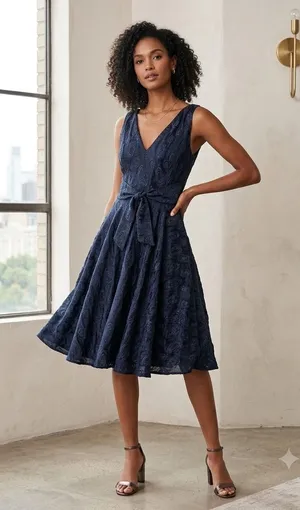 Eva‎ Franco Dress Size 4 Navy Kier Jacquard V-Neck Fit Flare Cocktail JQ373 thumbnail 1