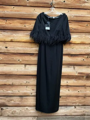 Mac Duggal Black Size 4 Feather Trim 1/4 Sleeve Long Column Gown Dress thumbnail 4