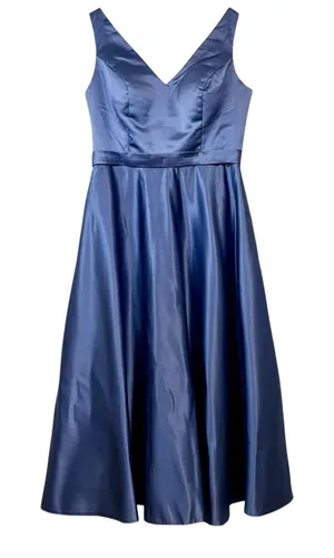 Miss Veil Satin Tea Length Dress Double V Neck Bow Detail Pockets NWT Blue Small thumbnail 1