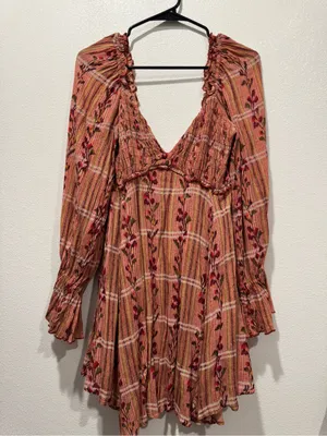 Free People Jackie Mini Dress M Rust Floral Plaid Boho NWOT thumbnail 5