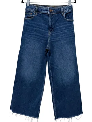 Boden High Waist Wide Leg Cropped Jeans Size 8R Blue Dark Wash Denim Frayed Hem thumbnail 1