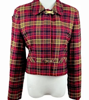 Burberry Red Tartan Plaid Crop Zip Wool Jacket 6 thumbnail 1