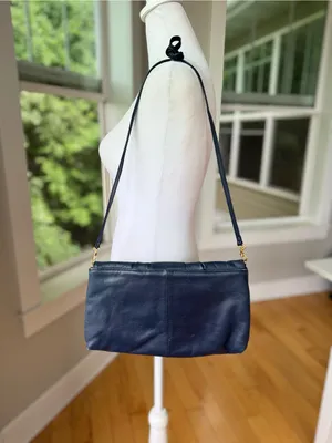 Vintage 80s 90s Navy Gold Genuine Leather Purse Shoulder Bag thumbnail 5
