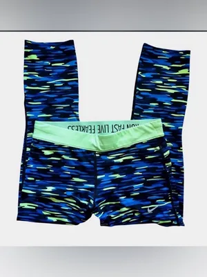 Nike Neon Green Blue capri Leggings M athletic dance workout activewear beach thumbnail 2