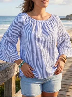 Blue White Striped Seersucker Coastal Blouse Bell Sleeve Scoop Neck Size M/L thumbnail 1