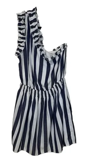 Entro Blue Mini Dress Women's Size L One Shoulder Ruffled Striped NEW thumbnail 1