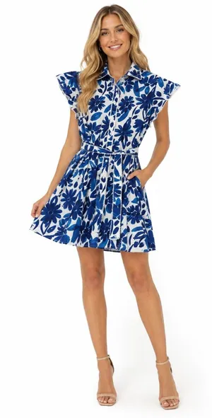 Womens Mini Floral Blue Shirt Dress Size 2X Fit An Flare Tropical Homecoming thumbnail 1