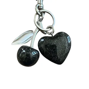 Black Sparkle Heart & Cherry Keychain Charm – Elegant Bling Accent thumbnail 2