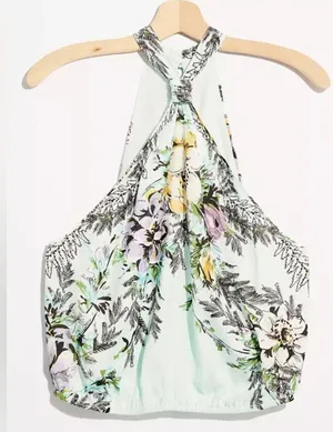 NWT FREE PEOPLE Higher Love Teal Floral Silky Halter High Neck Knotted Large thumbnail 10