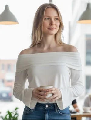 Women’s White Off-the-Shoulder Long Sleeve Foldover Top Size Small thumbnail 1