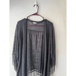 Eyeshadow 2010s Festival Gray Open Long‎ Sl Fringe Kimono Cardigan Top XL Boho thumbnail 2