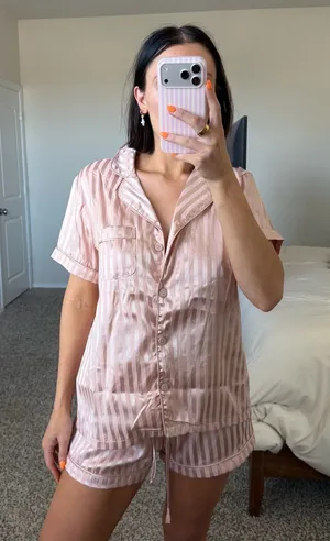 Tart Pink striped pajama short set thumbnail 1