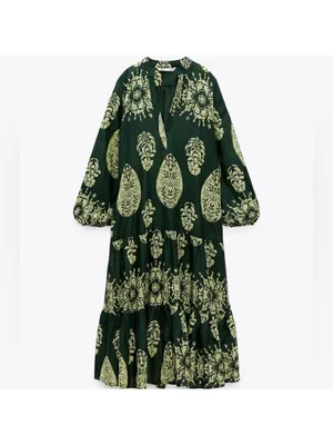 Zara Dark Green Midi Dress with Light Green Botanical Print thumbnail 5