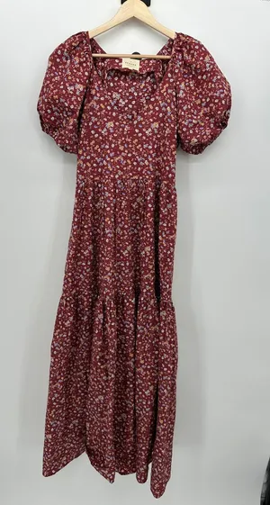 Sezane‎ Women Red Floral Maxi Dress Sz 36 Peasant Boho Cottagecore Feminine thumbnail 1
