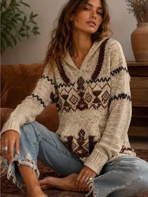 Free‎ People Aztec South Western Brown Hooded Kangaroo Pocket Wool Blend Sweater thumbnail 1