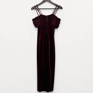 Vintage 90s Dollar USA Burgundy Velvet Cold Shoulder Maxi Dress M thumbnail 2