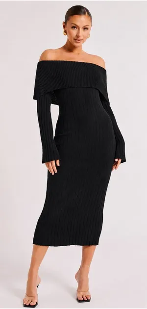 Meshki Stefania Off Shoulder Knit Midi Long Sleeve Dress Black size M New thumbnail 1