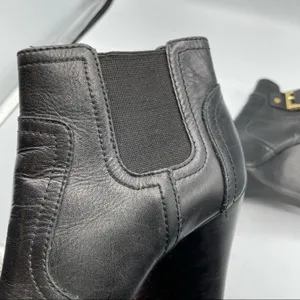Tory Burch Black Leather Ankle Boots Wedges Womens 5 Booties Luxury Gold Buckle thumbnail 6