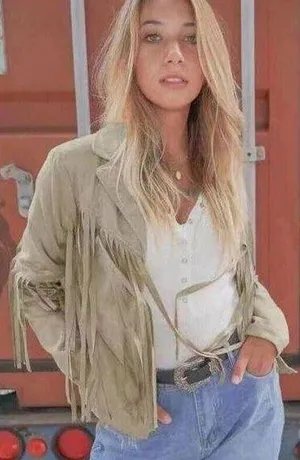 NEW! Western Fringe Soft Faux Suede Open Style Lined Jacket Coat M Light Tan thumbnail 1