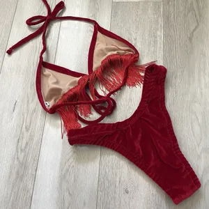 Stardust Swim Bikini velvet fringe high cut thong womens Red medium beach retro thumbnail 2