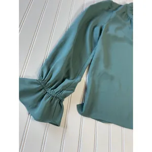 J.Crew Teal Green Ruffle Neck Tie Blouse Smocked Cuff Long Sleeve Top Size L thumbnail 3